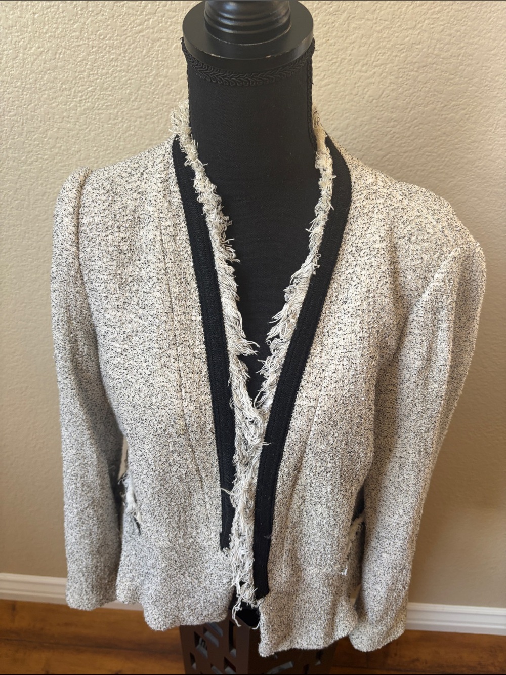 Zara Basic Black Cream Bouclé Fringe Trim Jacket XL